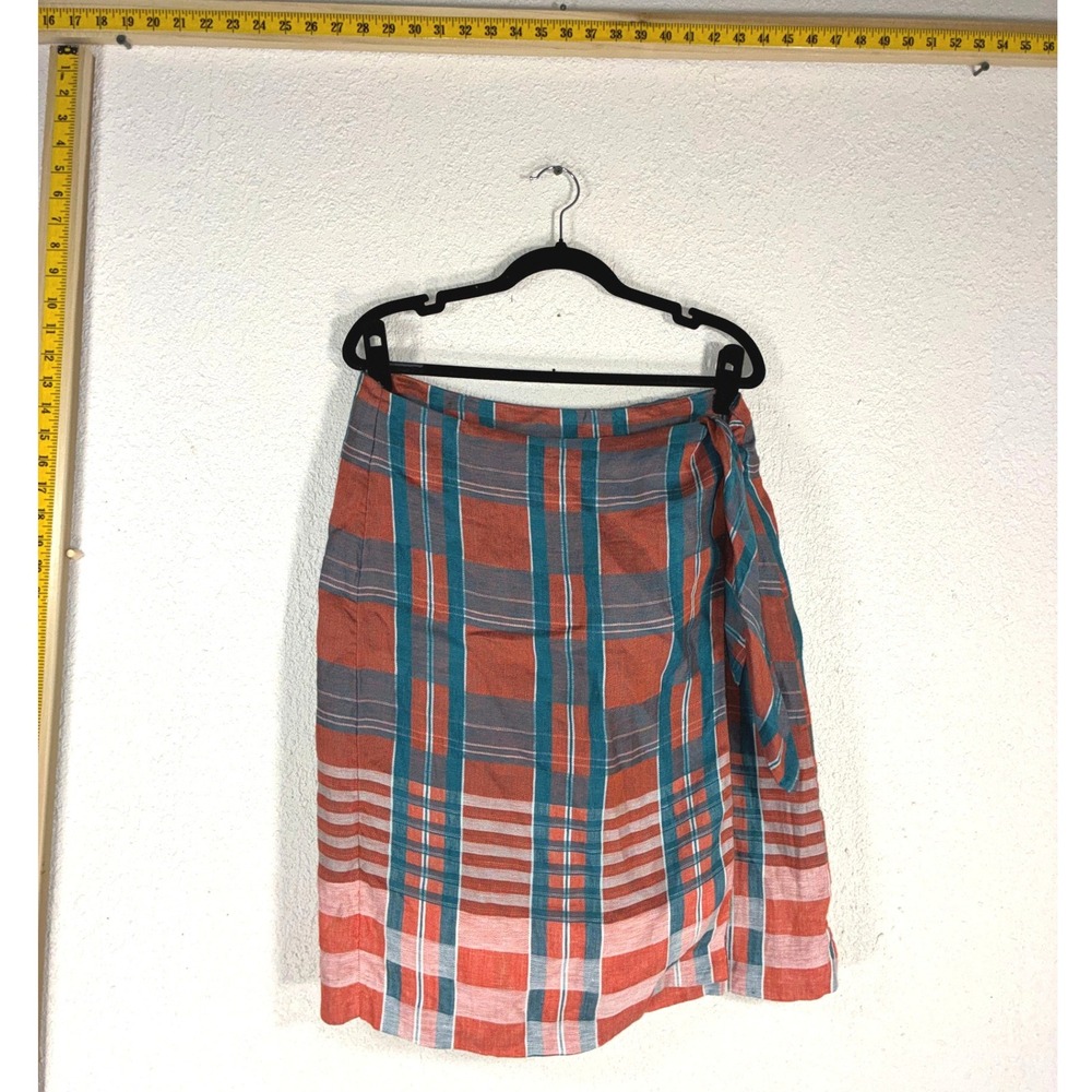 Ann Taylor Linen Plaid Pencil Skirt Orange Teal Blue Side Tie Size 12